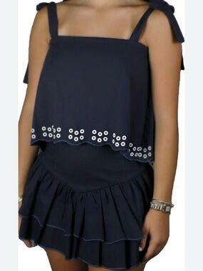 NWT Tween Navy Eyelet Two-Piece Crop & Ruffle Skirt Set with Tie Straps